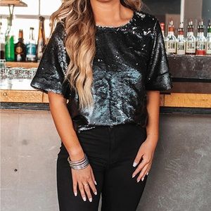 BLANCHE SEQUIN SHORT SLEEVE TOP - SMOKE